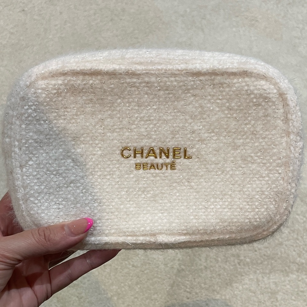 2 Chanel Cosmetic Pouches- Gold Emblem on Cream Fabric
